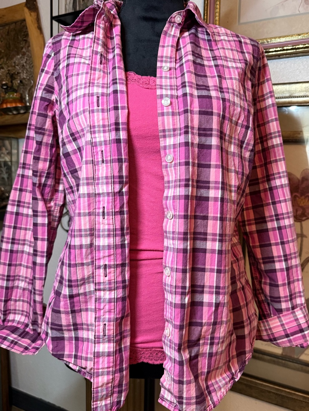 IZOD Women's Pink Plaid Button Down Shirt 100% Cotton Long Sleeve Flannel •L•